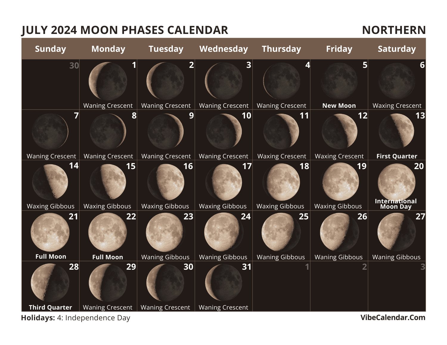 Moon Phases Calendar 2024: Printable Monthly Templates | July Moon Phase Calendar 2024