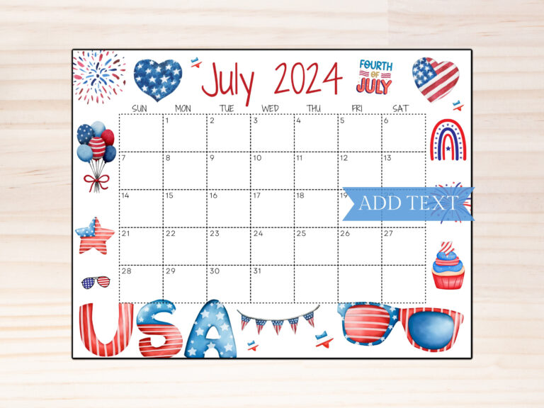Printable Fourth Of July 2024 Calendar, Editable Summer Calendar | Fourth Of July Calendar 2024