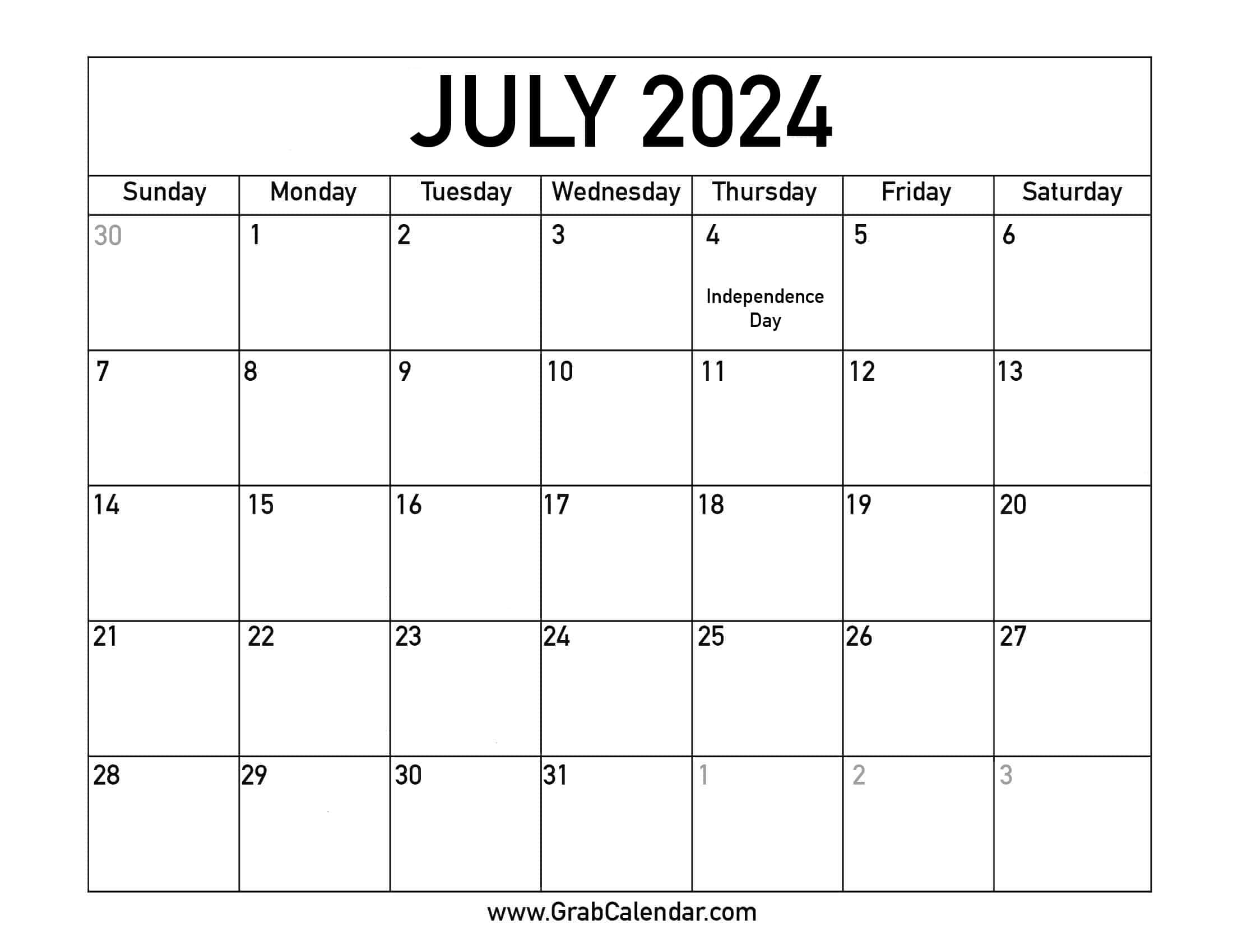 Printable July 2024 Calendar | 1 July 2024 Calendar Printable