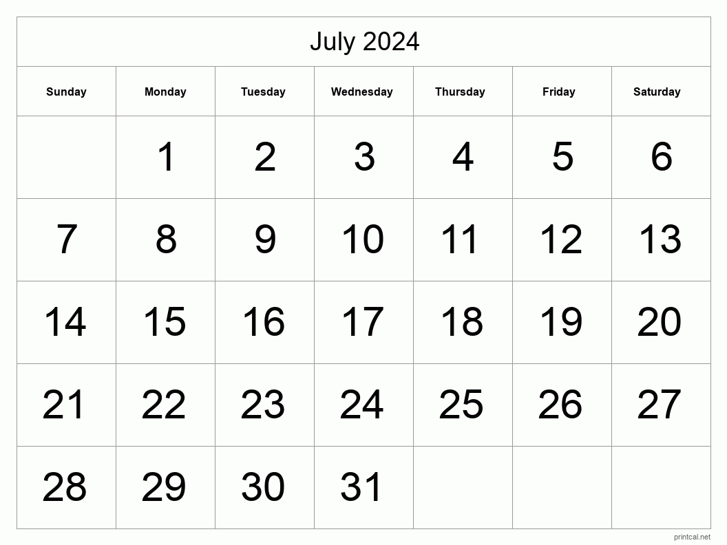 Printable July 2024 Calendar - Big Dates | Big Calendar July 2024