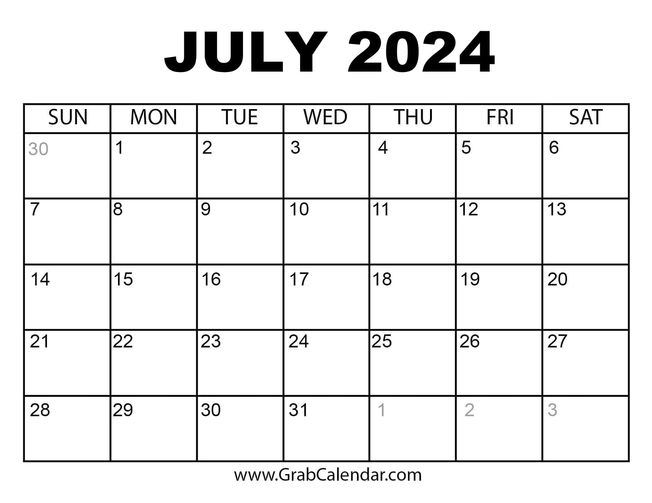 Printable July 2024 Calendar | Calendar Of The Month Of July 2024