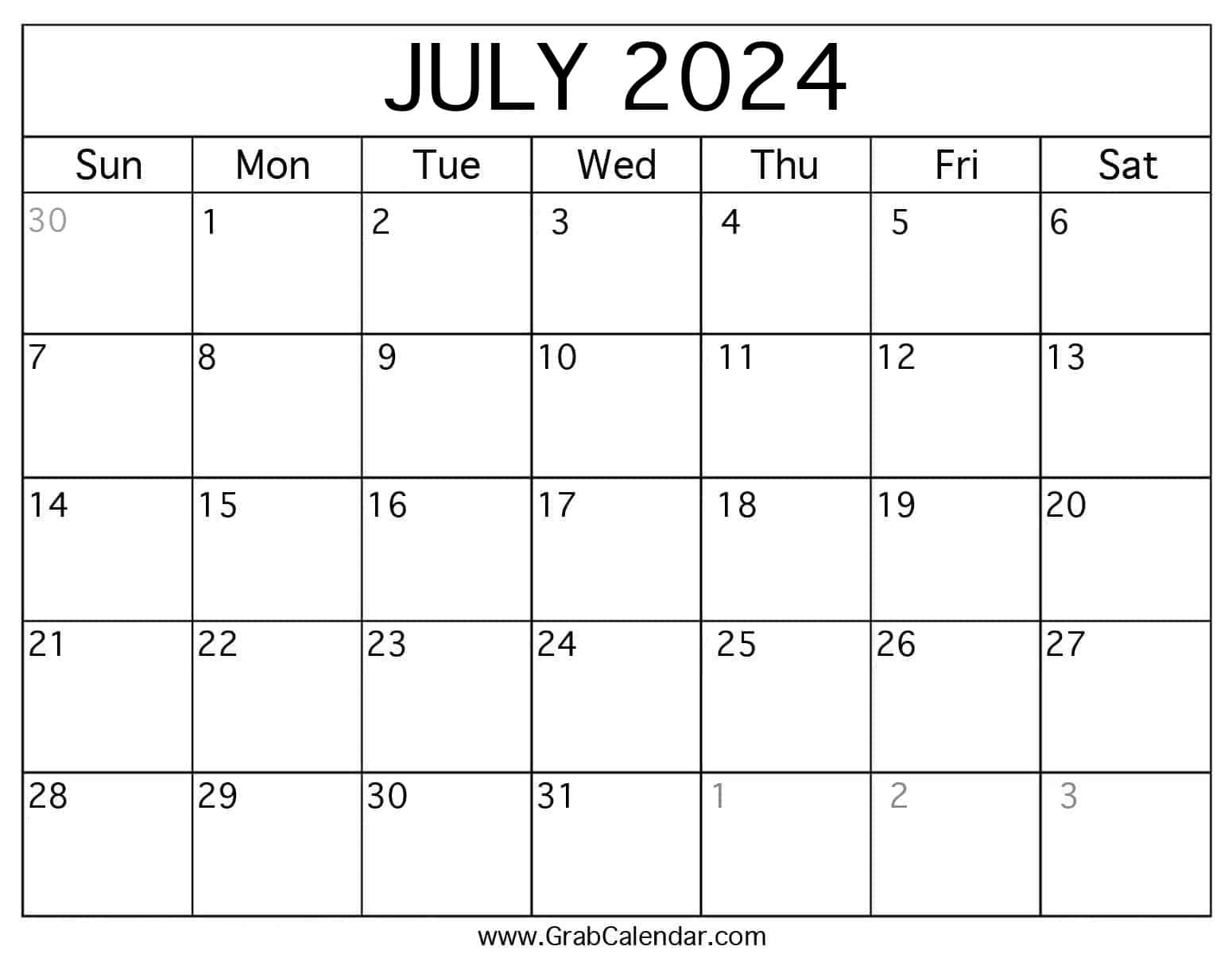 Printable July 2024 Calendar | July Calendar Template Free 2024