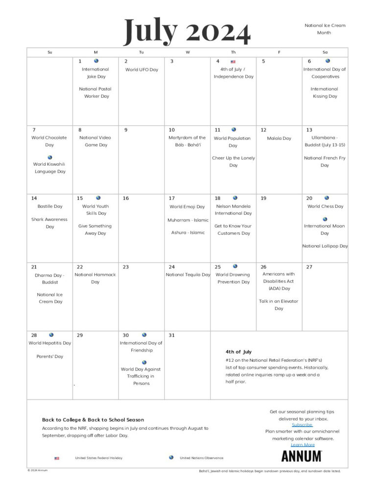 Printable July 2024 Calendar | July Holidays | Annum | Calendar of Events July 2024