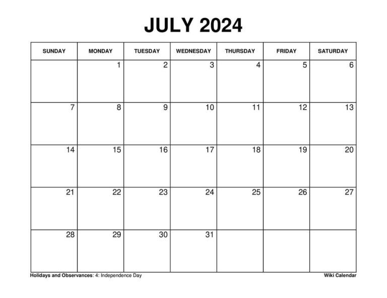 Printable July 2024 Calendar Templates With Holidays | 8th July 2024 Calendar Printable