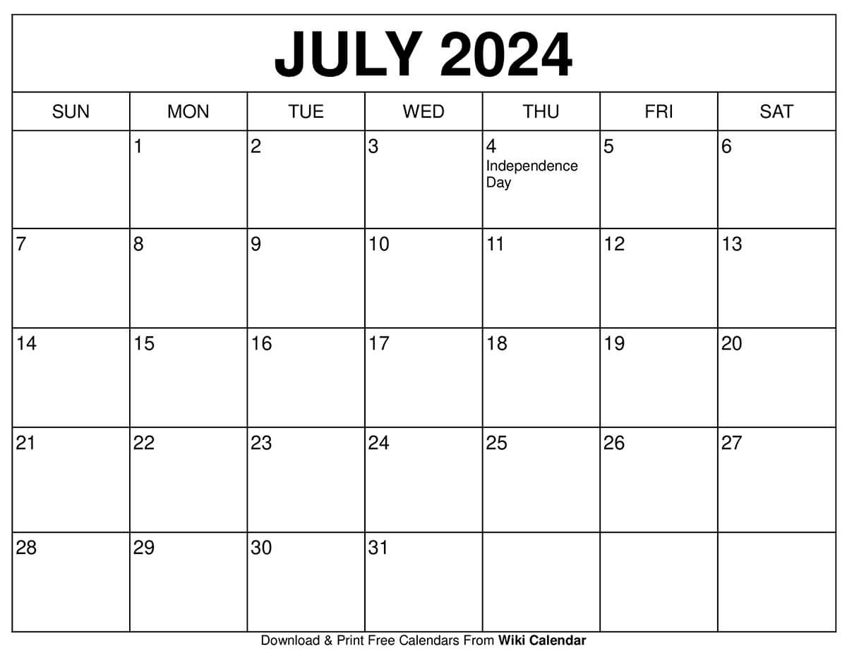 Printable July 2024 Calendar Templates With Holidays | July Calendar Print Off 2024