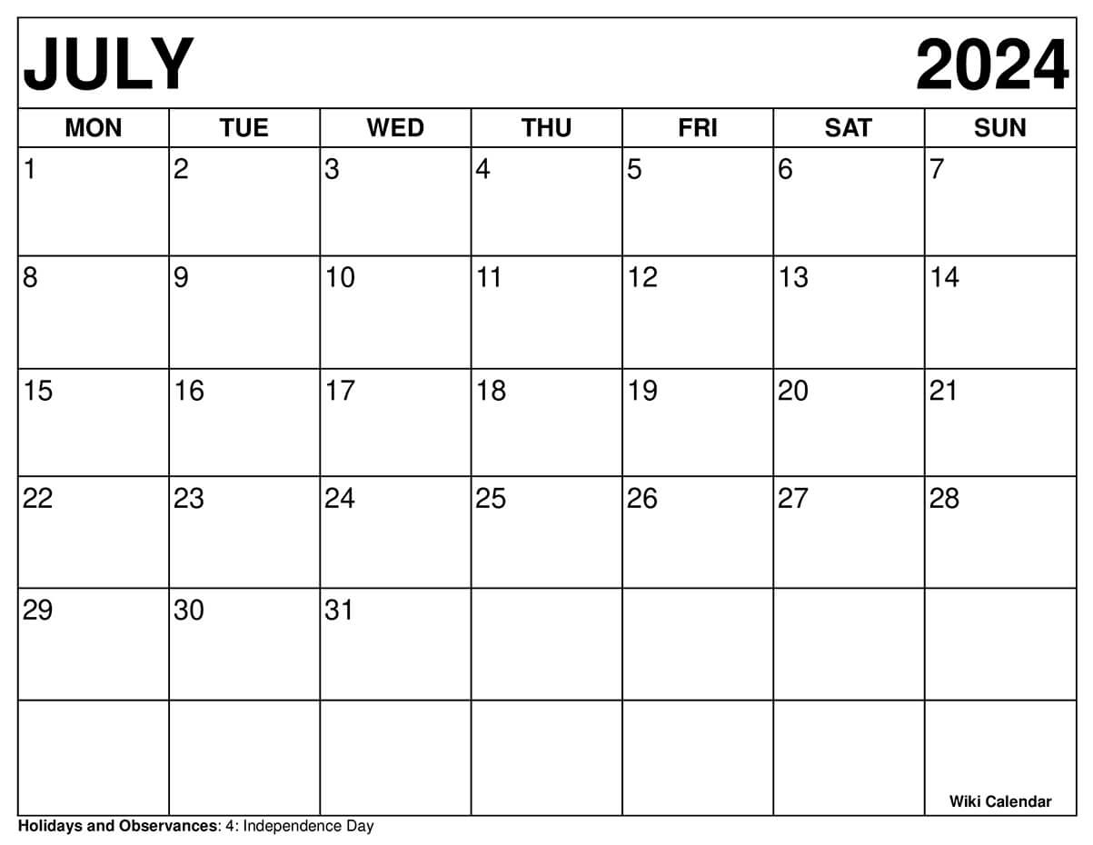 Printable July 2024 Calendar Templates With Holidays | Pull Up July Calendar 2024