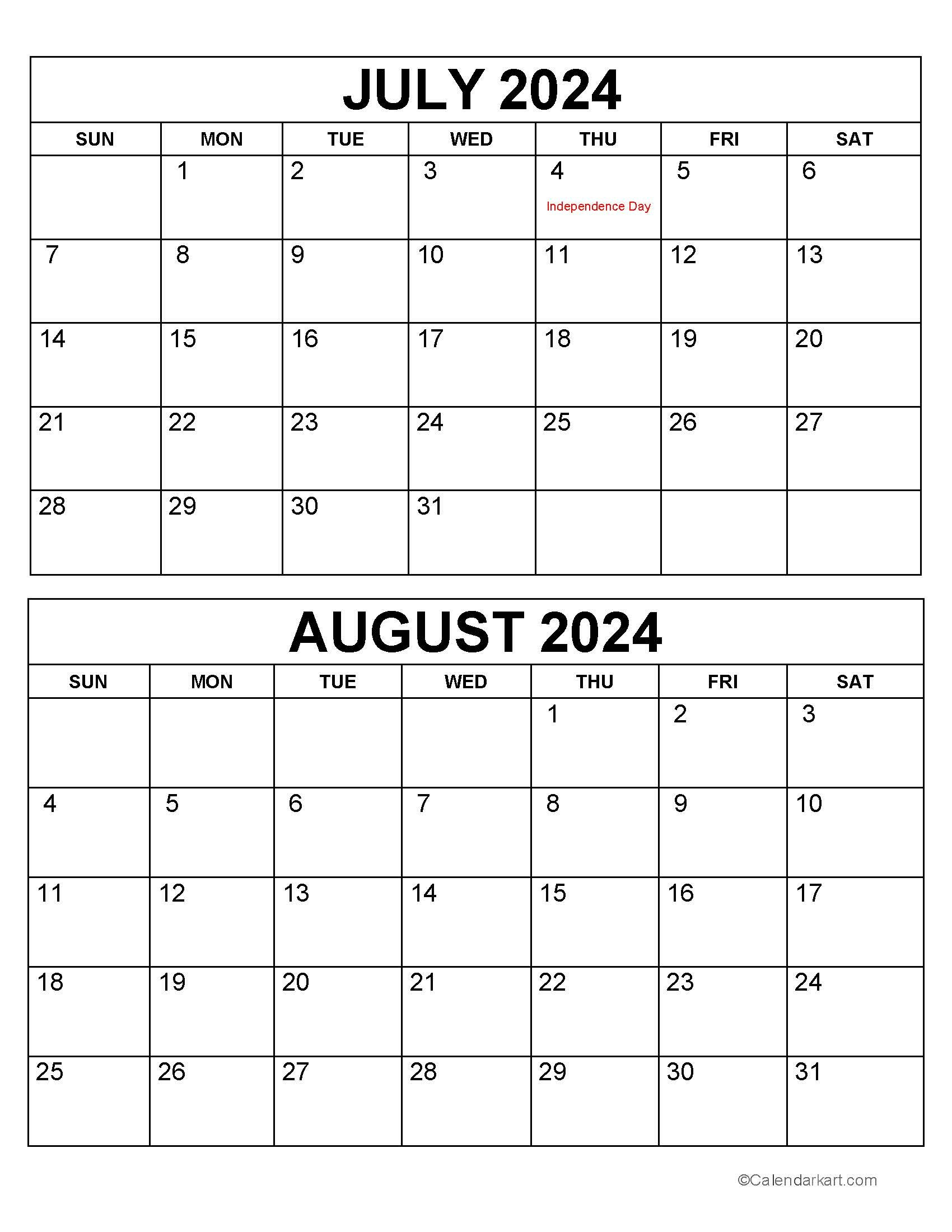 Printable July August 2024 Calendar | Calendarkart | Blank Calendar July August 2024
