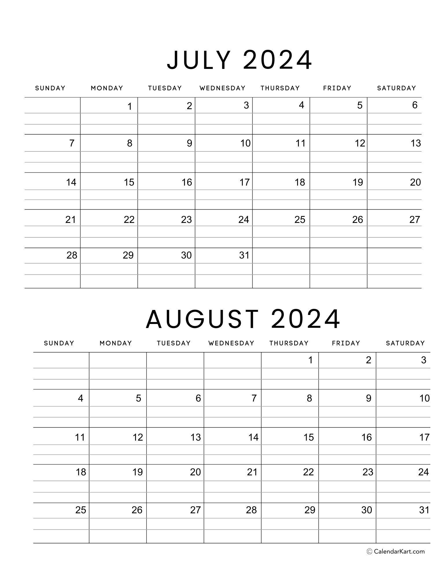 Printable July August 2024 Calendar | Calendarkart | Calendar Template July August 2024