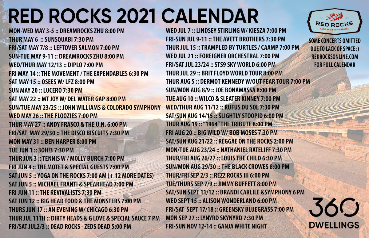 Red Rocks Concert Schedule 2021 (Infographic) &amp;amp; Our Best Tips | Red Rocks July Calendar 2024