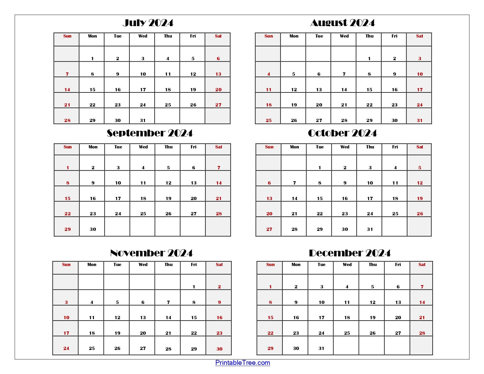 Six Month Calendar 2024 Printable Pdf- 6 Months Calendar Per Page | Calendar 2024 July - Dec