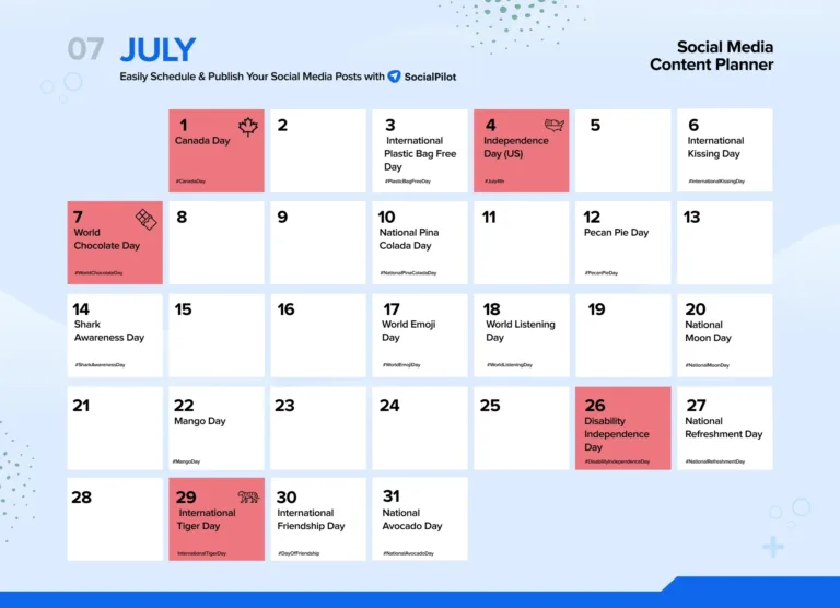 Social Media Holiday Calendar For 2024 | Social Media July Calendar 2024