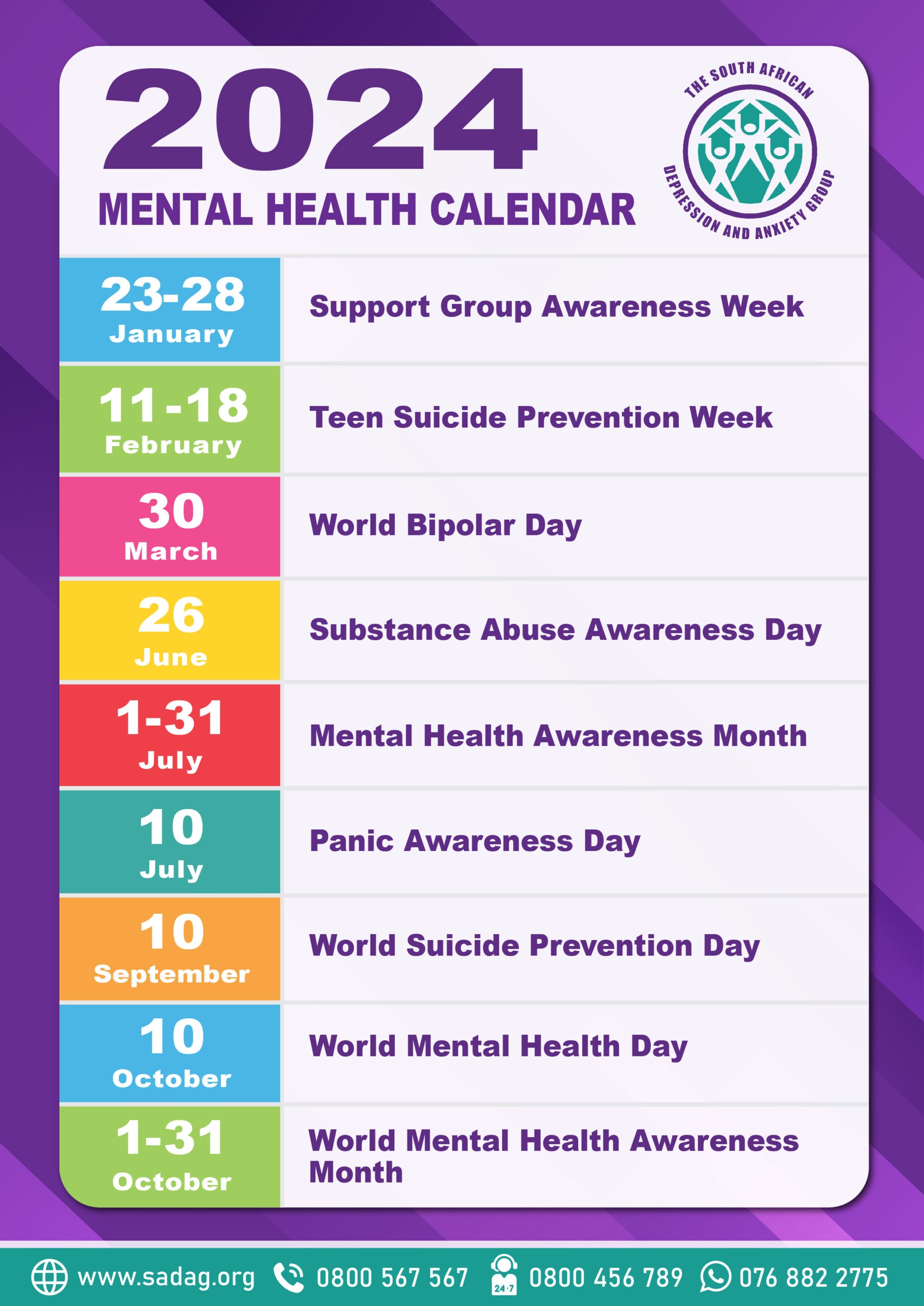 South African Depression And Anxiety Group | July Mental Health Calendar 2024