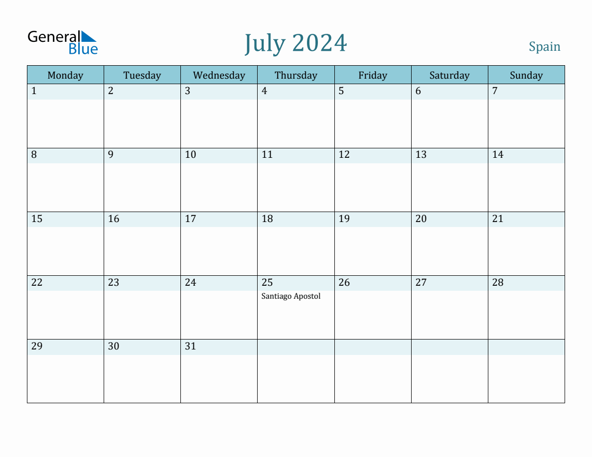 Spain Holiday Calendar For July 2024 | Spanish Calendar For July 2024