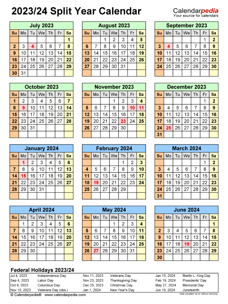 Split Year Calendars 2023/2024 (July To June) - Pdf Templates | August 2023 - July 2024 Calendar