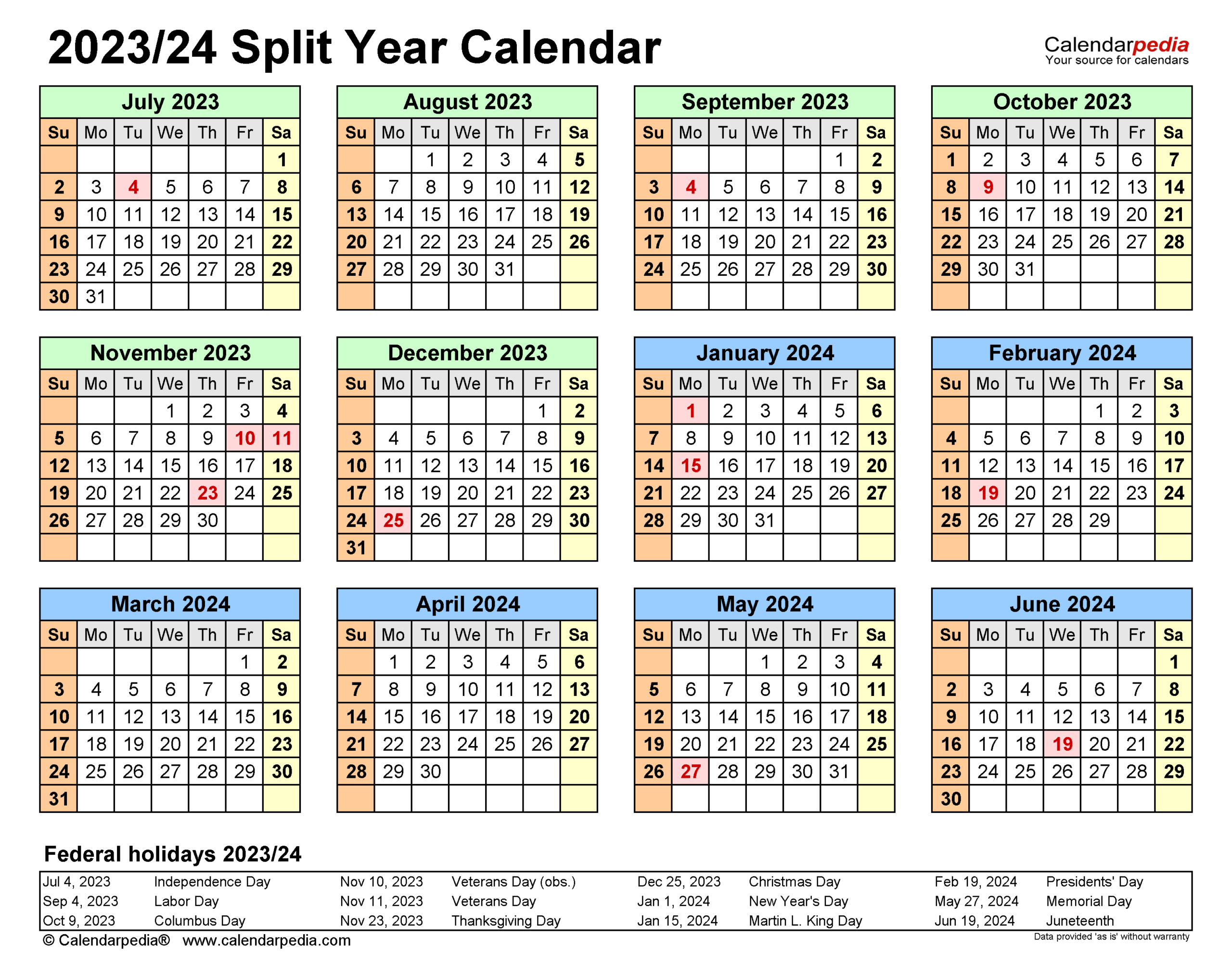 Split Year Calendars 2023/2024 (July To June) - Pdf Templates | July Through June Calendar 2024