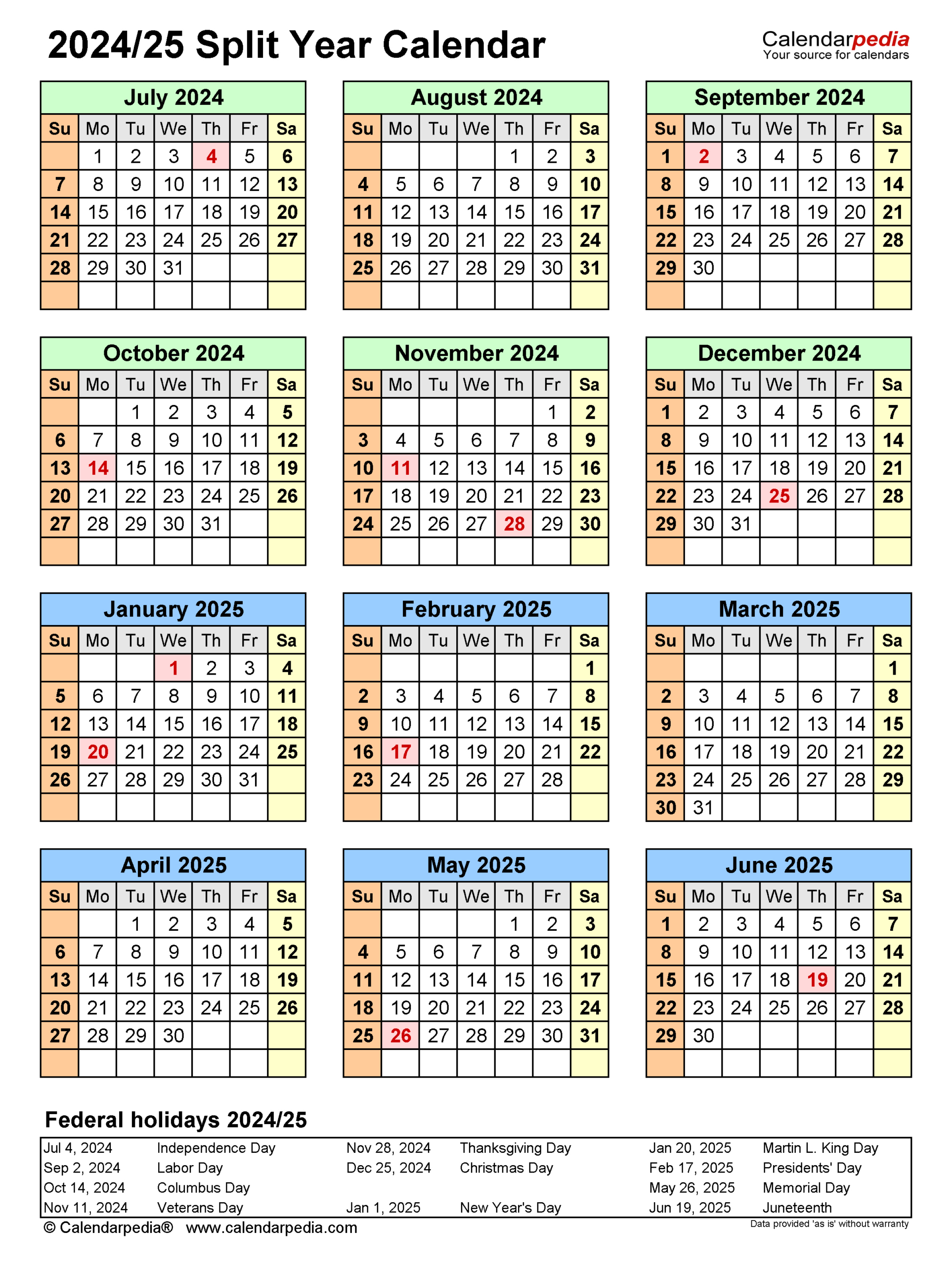 Split Year Calendars 2024/2025 (July To June) - Pdf Templates | July 2024 - July 2025 Calendar