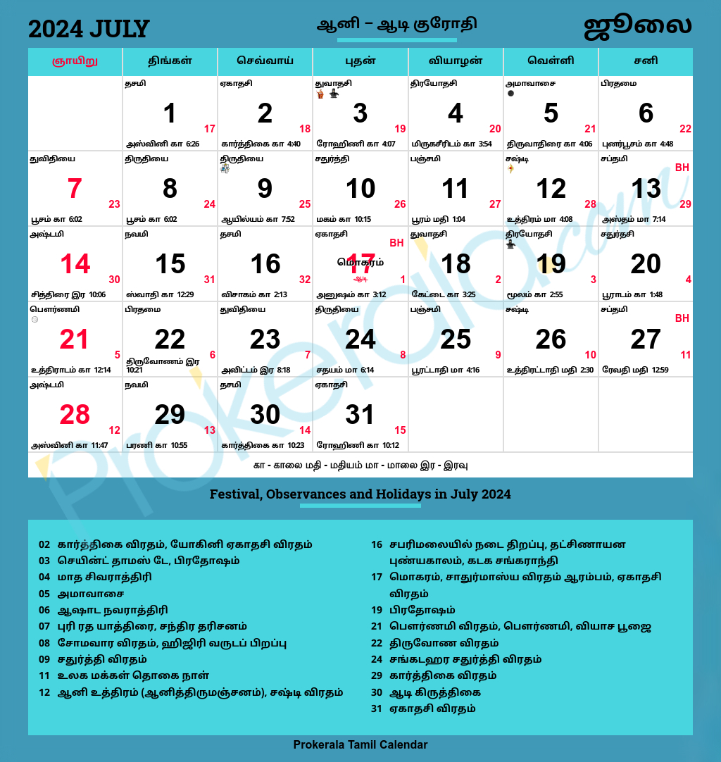 Tamil Calendar 2024, July | 2024 July Calendar With Nakshatra