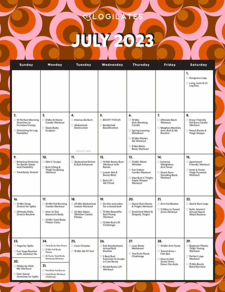 Blogilates July 2024 Calendar Printable Calendar 2024