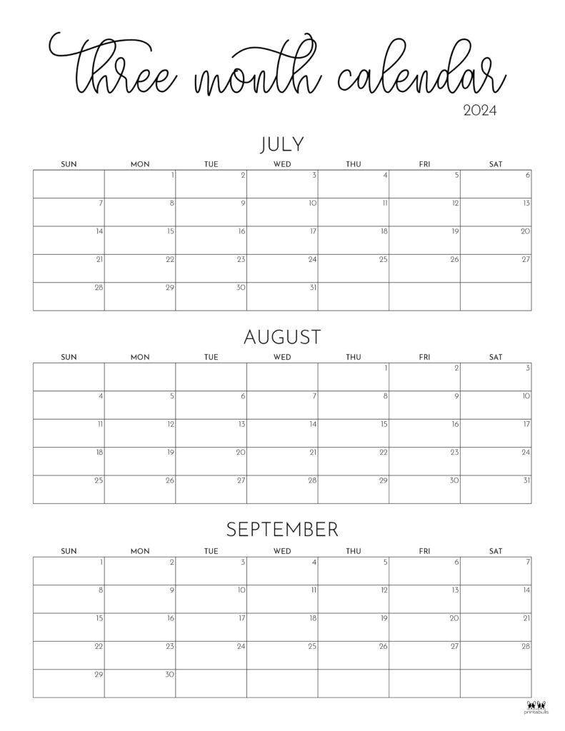 Three Month/Quarterly Calendars - 36 Free Calendars | Printabulls | 3 Month Calendar 2024 June July August
