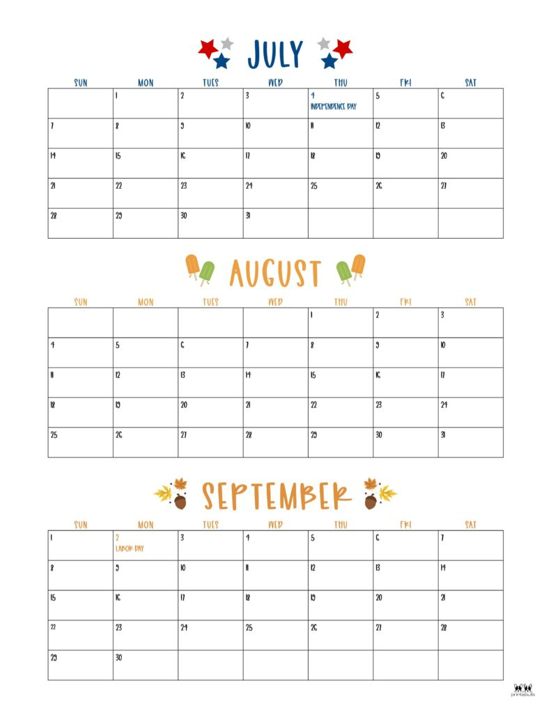 Three Month/Quarterly Calendars - 36 Free Calendars | Printabulls | 3 Month Calendar July August September 2024