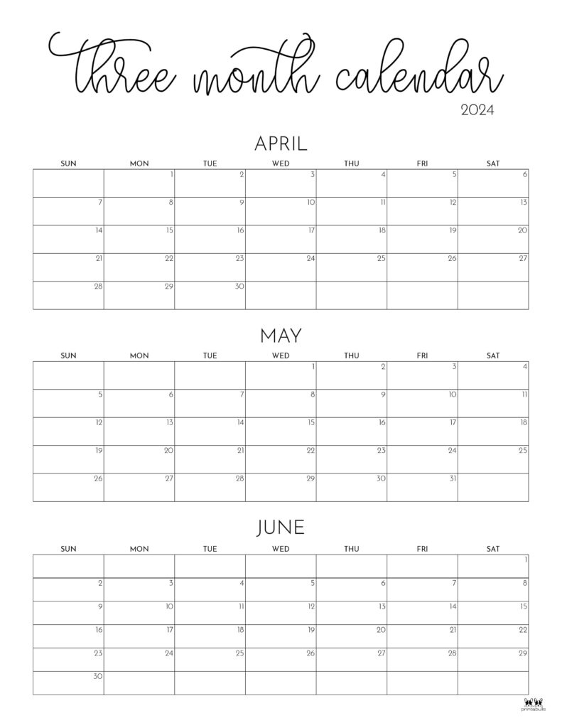 Three Month/Quarterly Calendars - 36 Free Calendars | Printabulls | April May June 2024 Calendar Printable