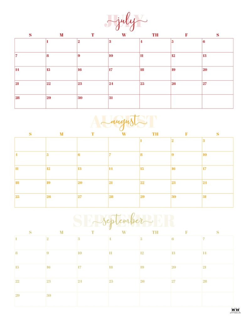 Three Month/Quarterly Calendars - 36 Free Calendars | Printabulls | Three Month Calendar June July August 2024