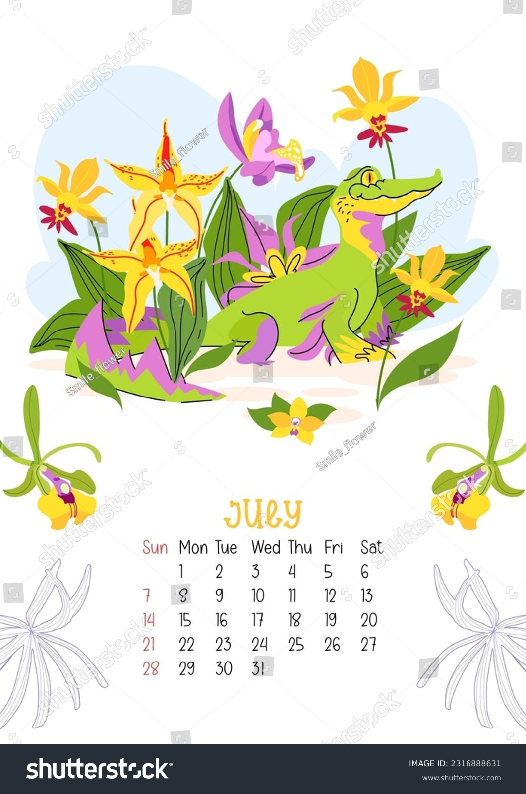 Vertical Page Calendar July 2024 Orchid Stock Vector (Royalty Free | July Calendar Clip Art 2024