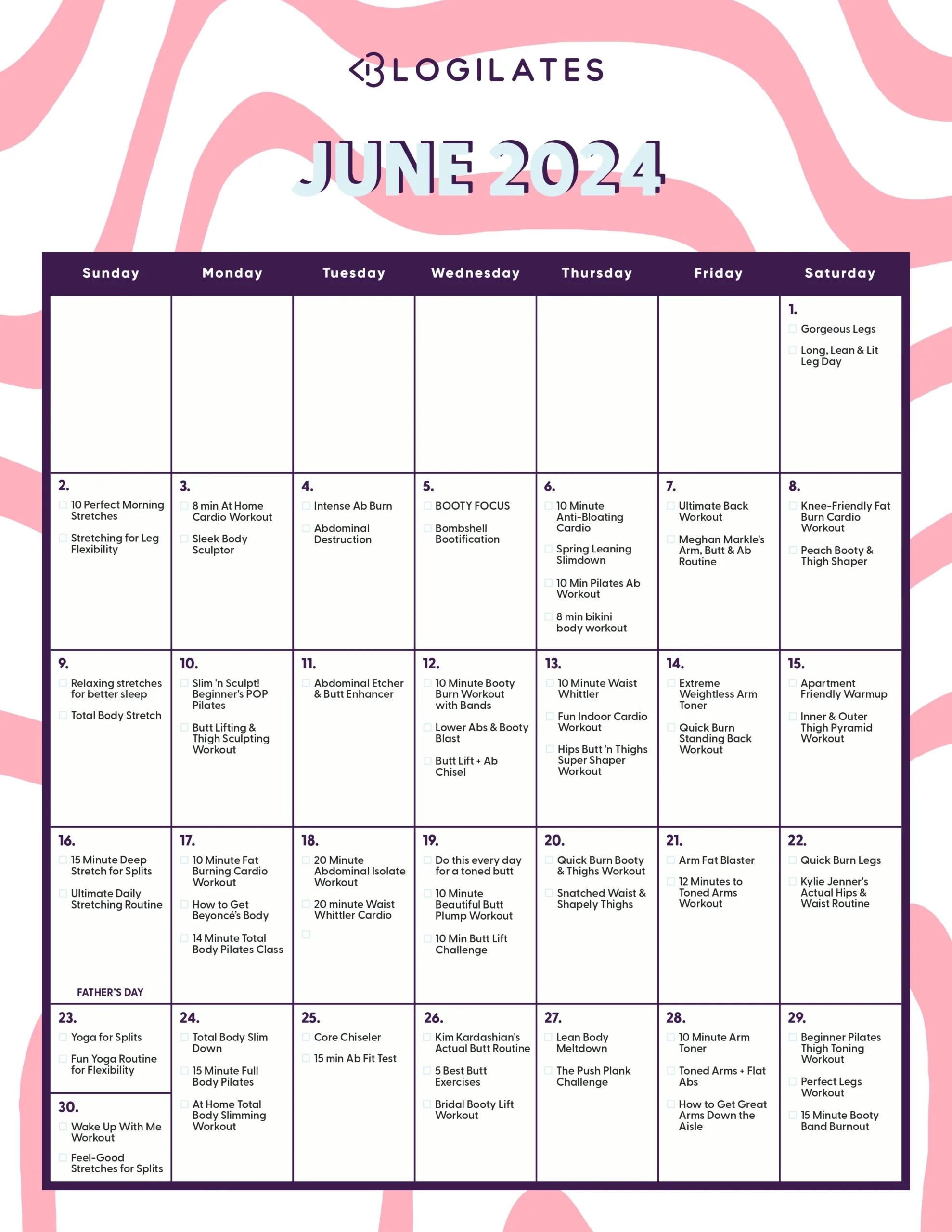 Your Blogilates June 2024 Workout Calendar!! - Blogilates | Blogilates July 2024 Calendar