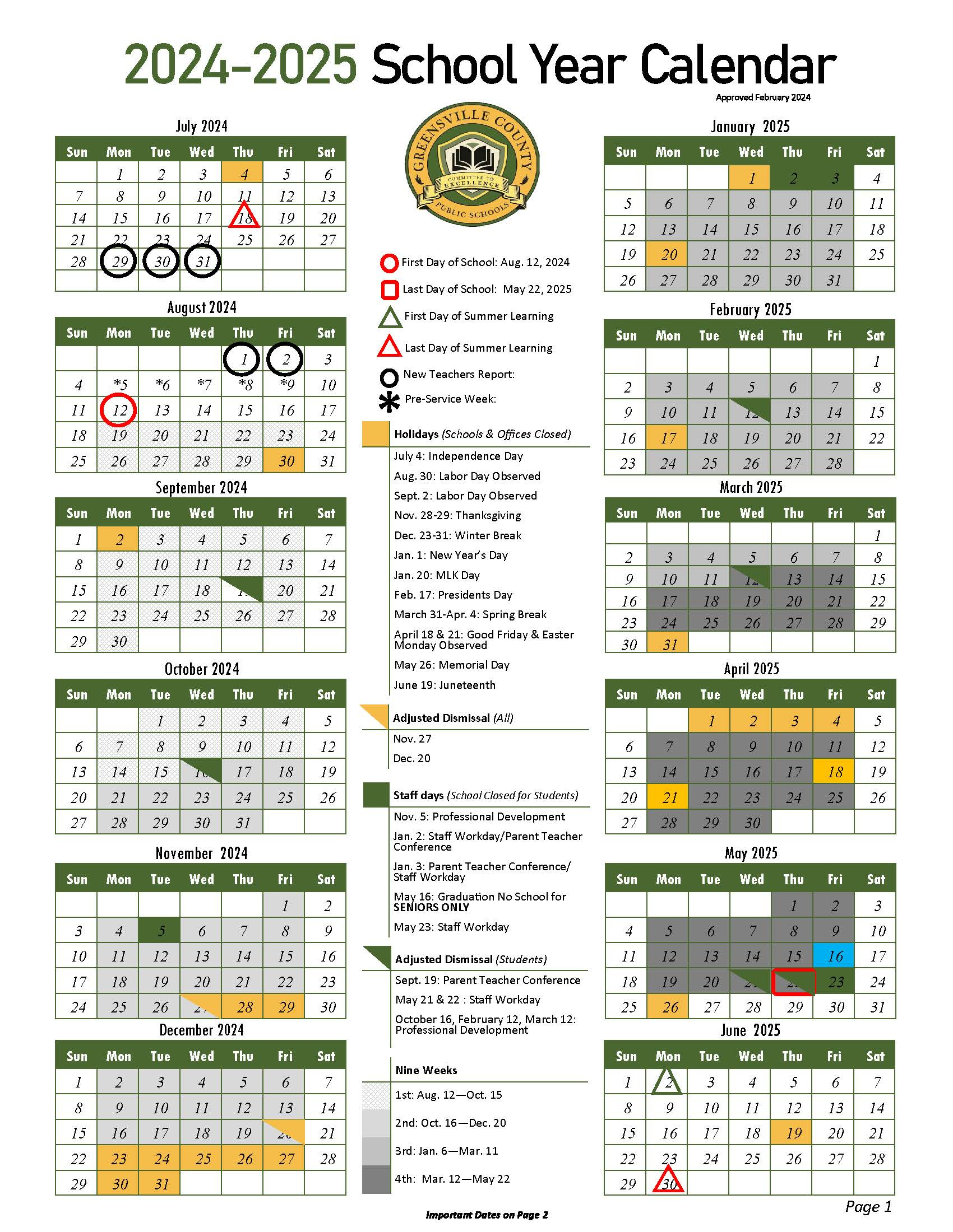 2024-2025 Calendar - School Calendar - Greensville County Public | Academic Calendar Augusta University 2024