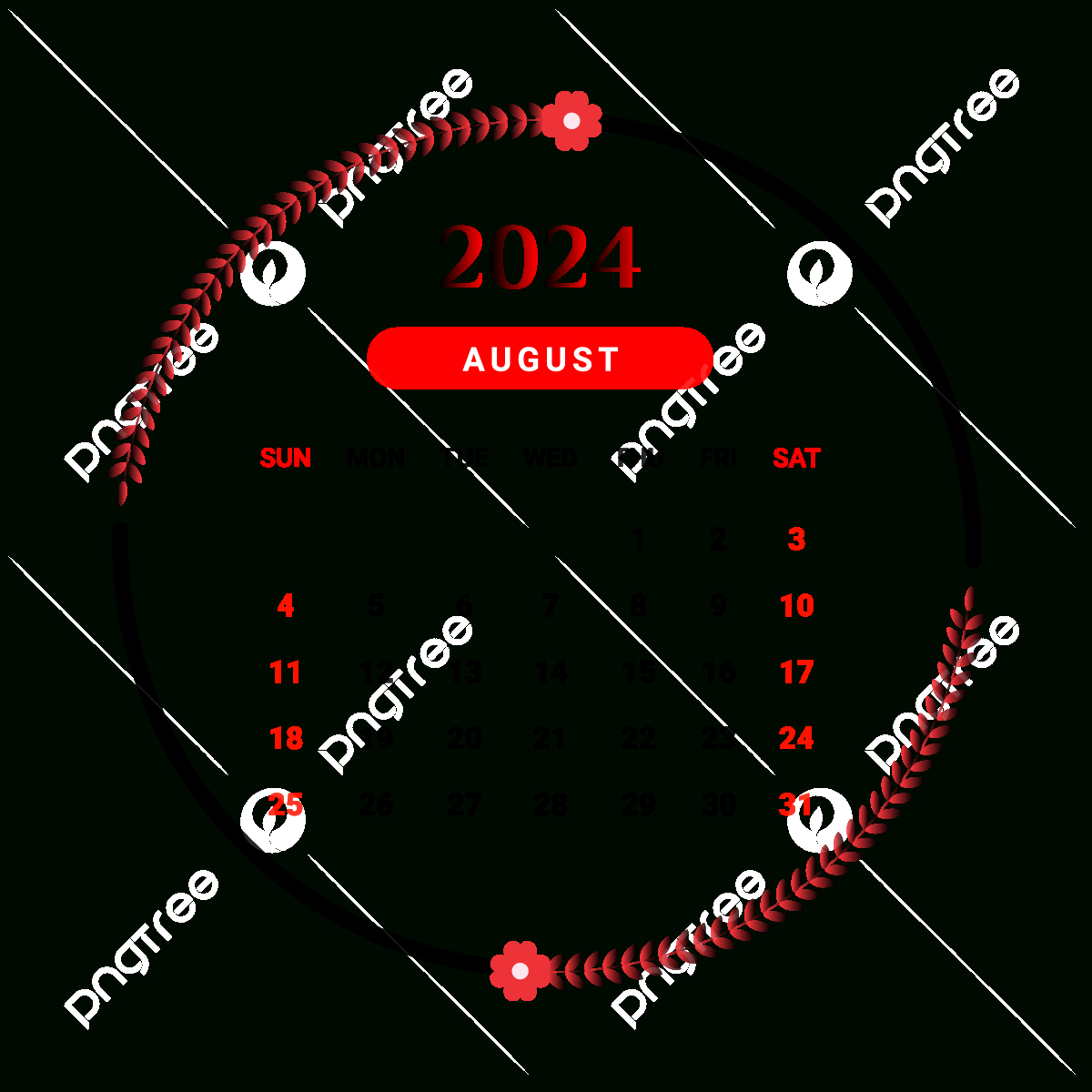 2024 August Month Calendar With Red And Black Floral Design Vector | August Calendar Themes 2024