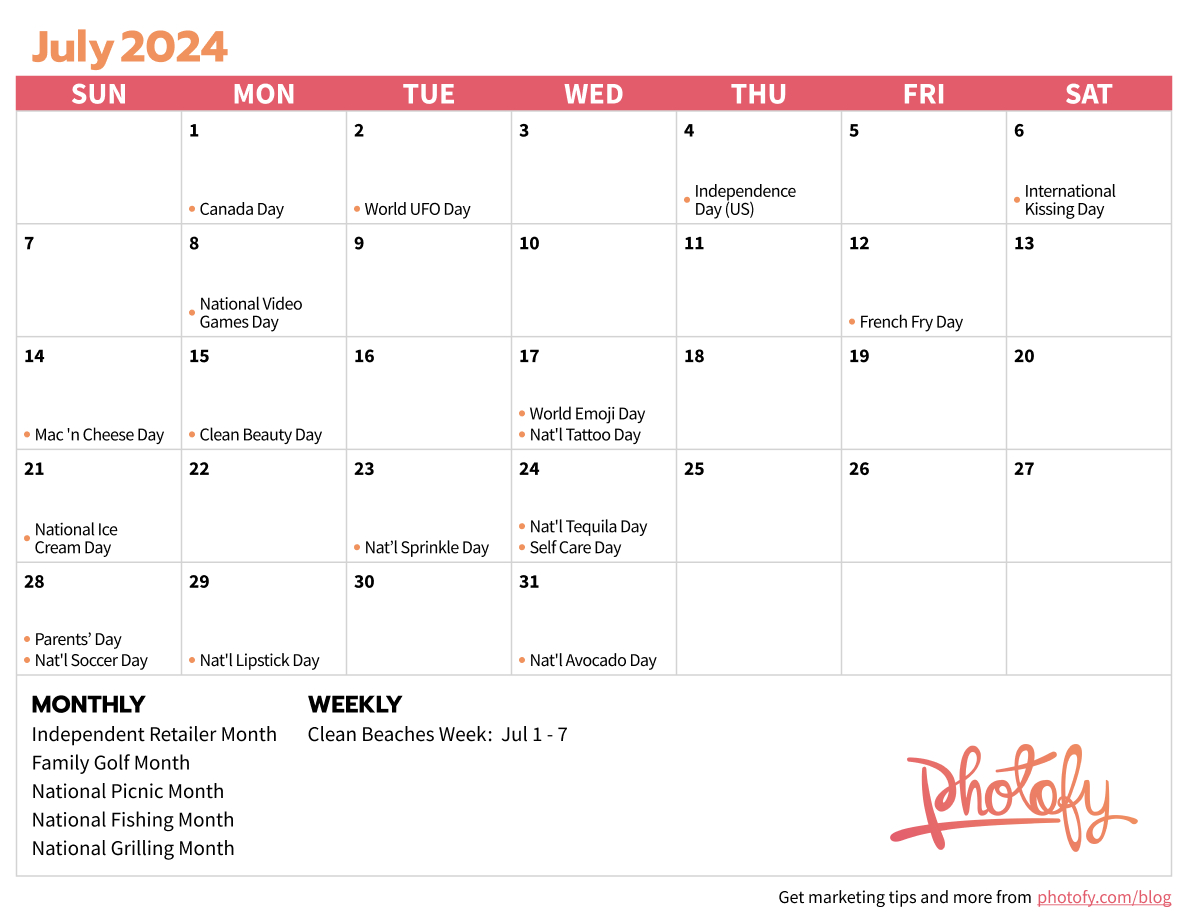 2024 Fitness Social Media Calendar - Photofy | July Fun Calendar Events 2024