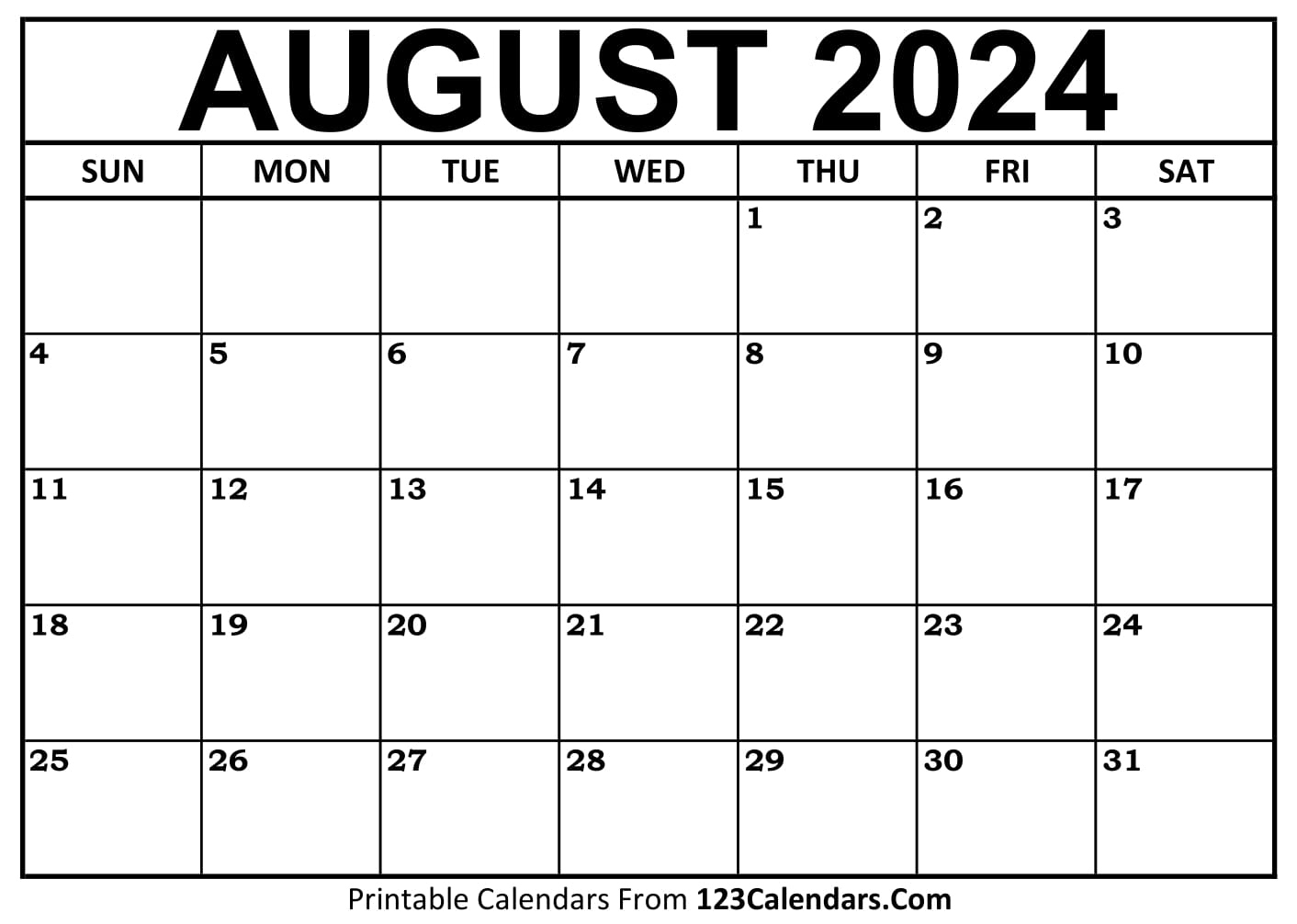 2024 Printable Calendar | 123Calendars | 123 Calendar August 2024