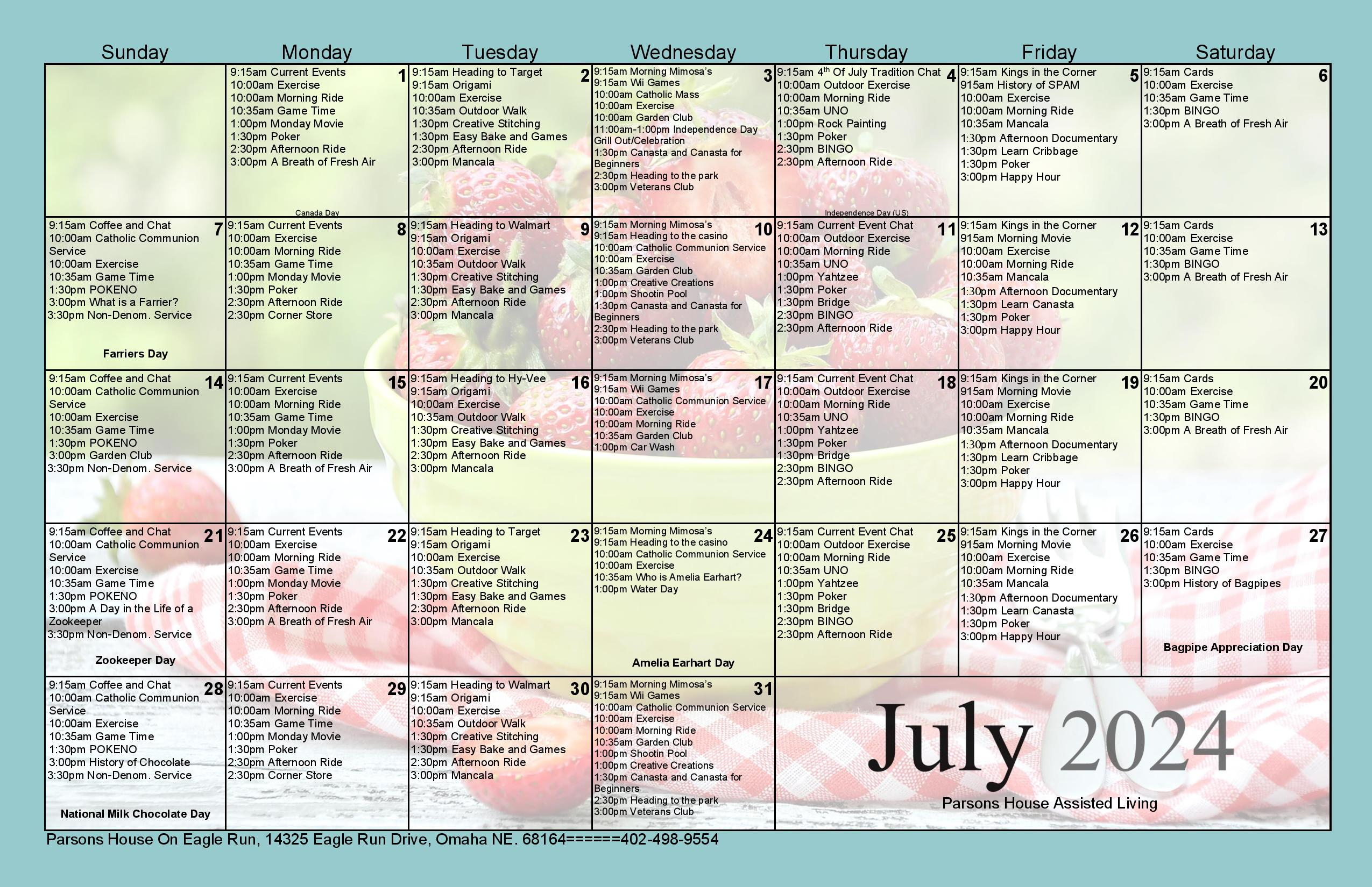 Activity Calendar - Parsons House Assisted Living And Memory Care | July Nursing Home Activity Calendar 2024