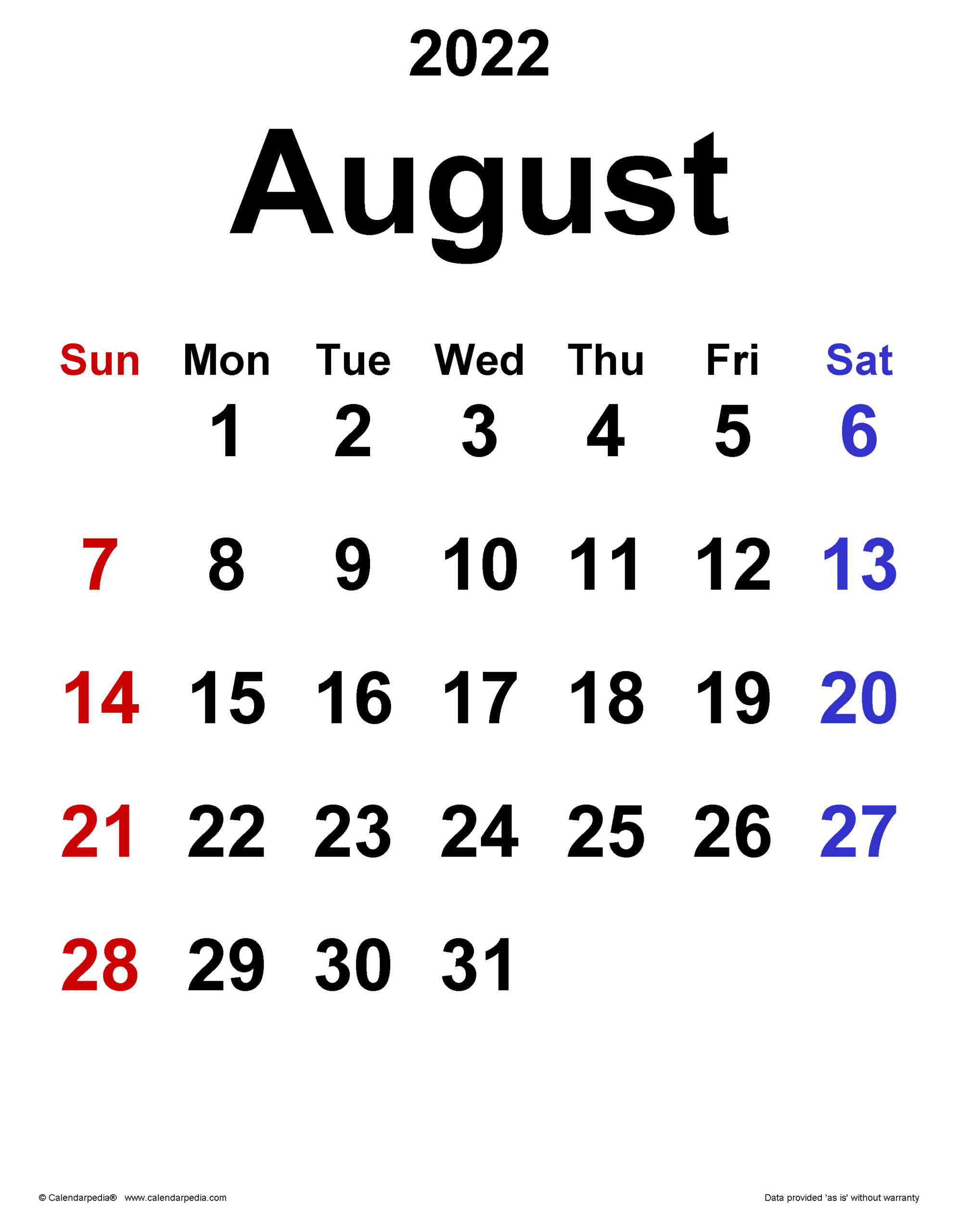 August 2022 Calendar | Templates For Word, Excel And Pdf | Calendar For August 2022