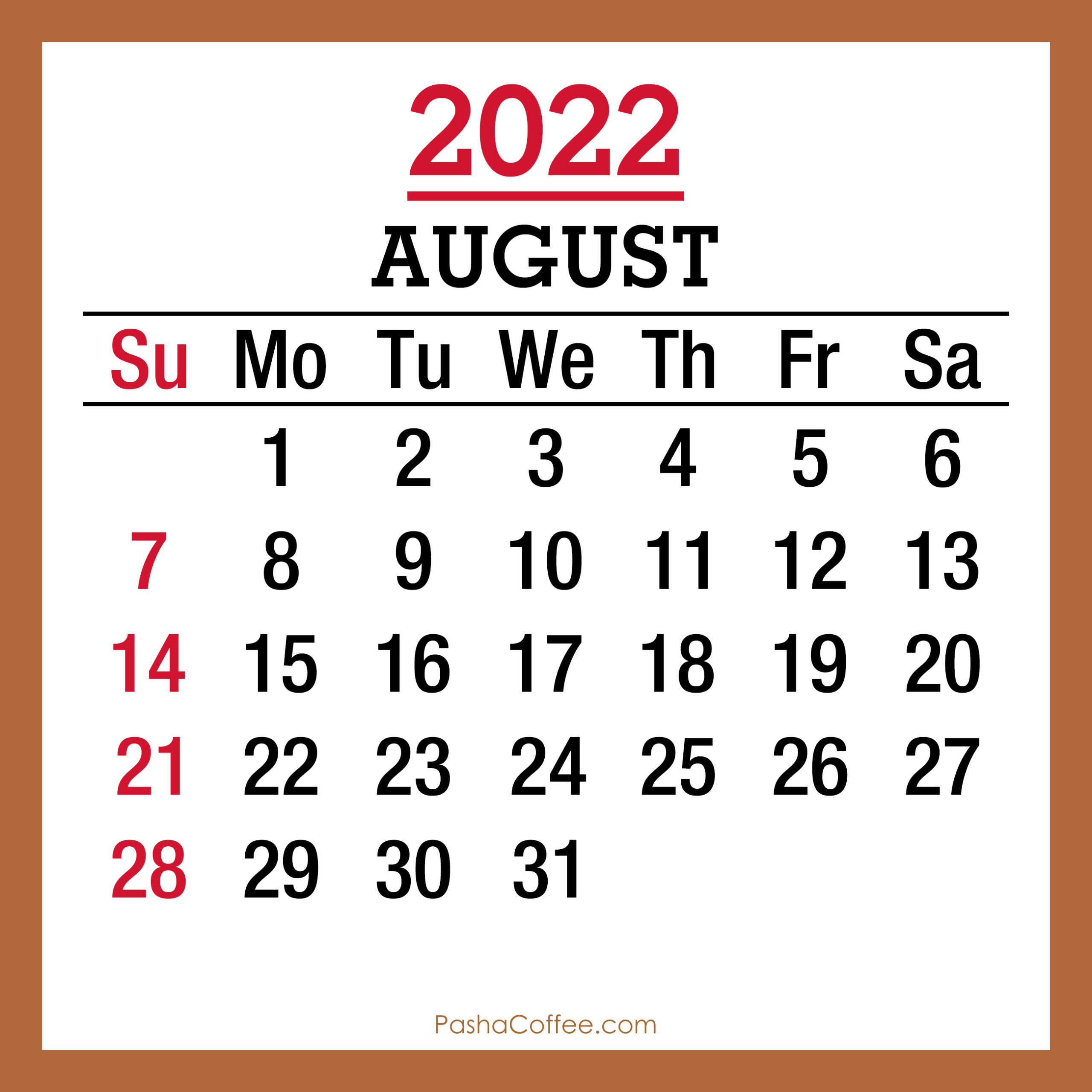 August 2022 Monthly Calendar With Holidays, Printable Free, Beige | Calendar For August 2022