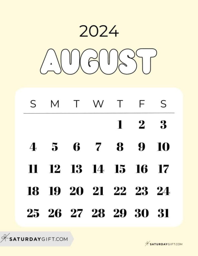 August 2024 Calendar - 20 Cute &amp; Free Printables | Saturdaygift | August 2024 Calendar Cute