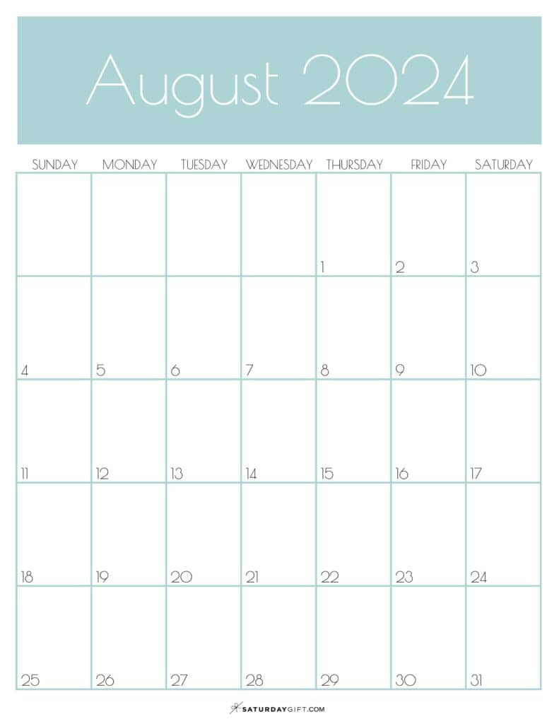 August 2024 Calendar - 20 Cute &amp;amp; Free Printables | Saturdaygift | August 2024 Calendar Printable Vertical