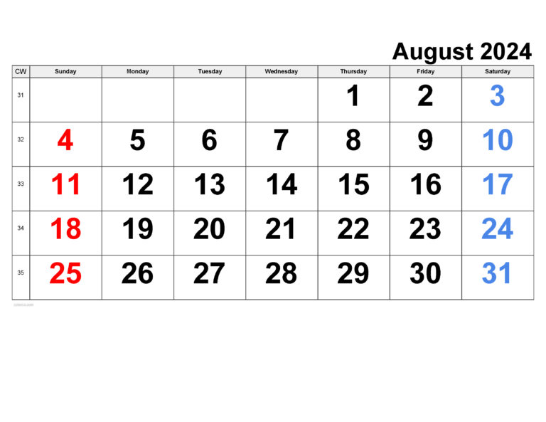 August 2024 Calendar | Free Printable Pdf, Xls And Png | Calendar August 24