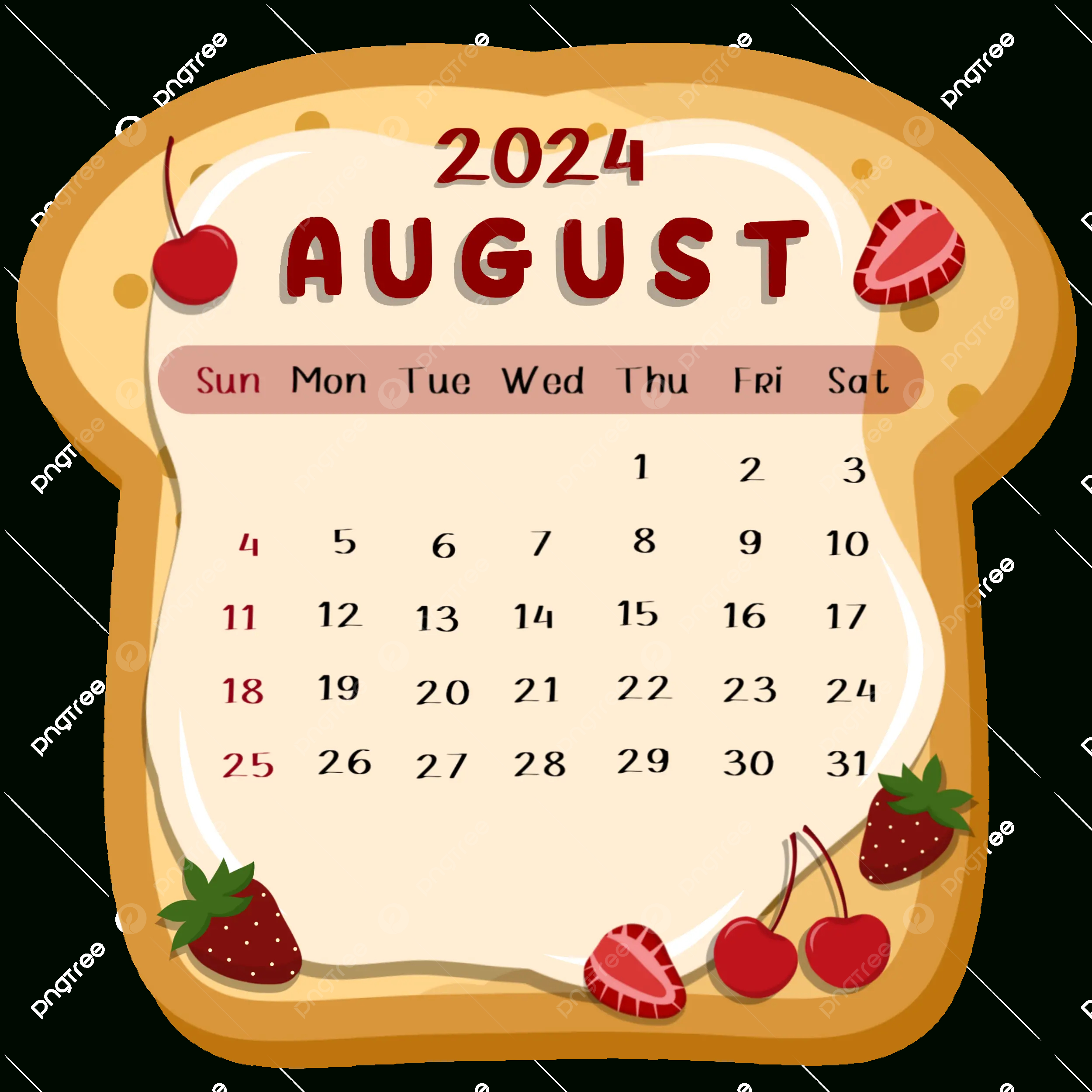 August 2024 Calendar Fruits Bread, 2024, Monthly Calendar, August | August Calendar Clip Art 2024