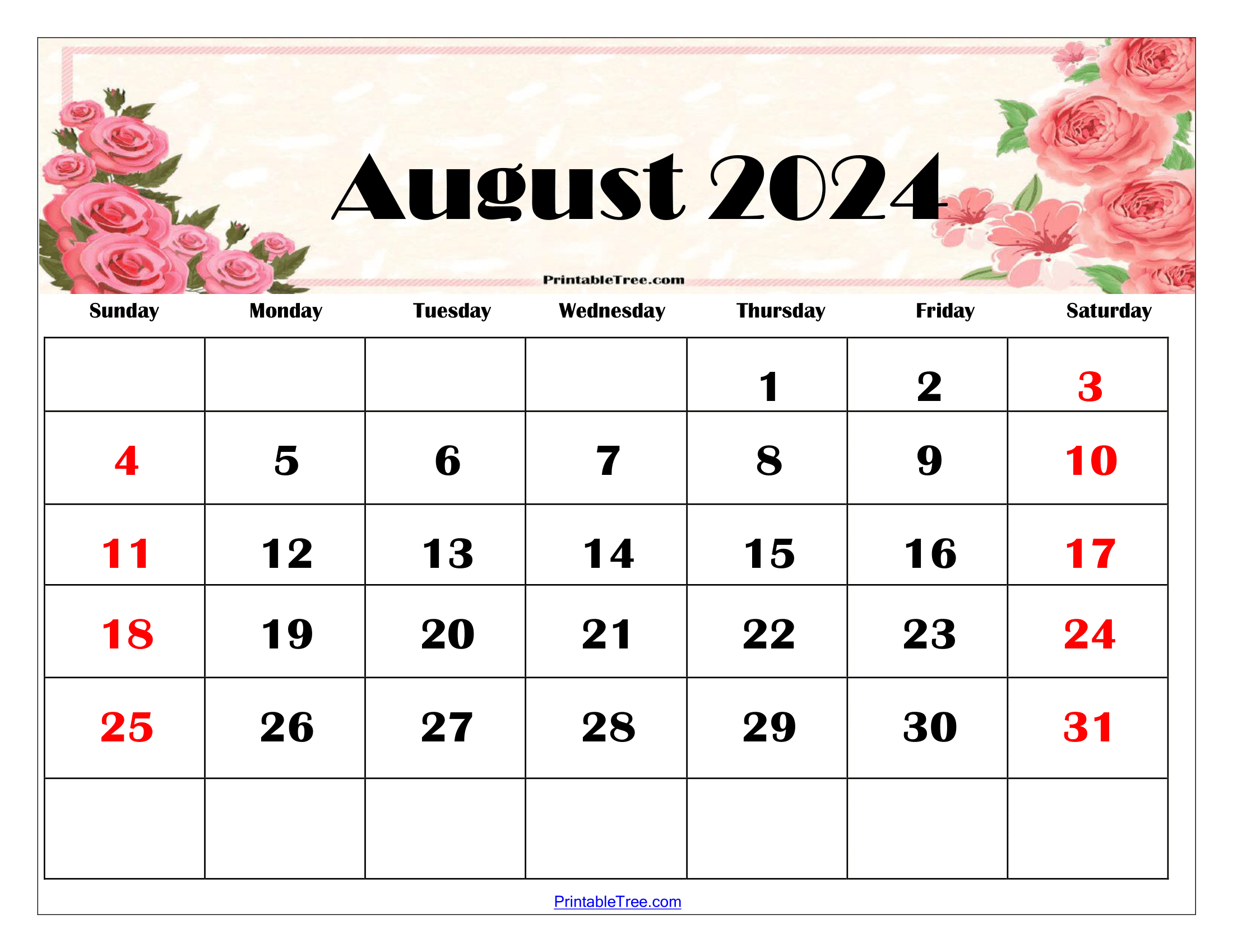 August 2024 Calendar Printable Pdf Templates Free Download | August Blank Printable Calendar 2024