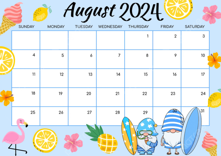 August 2024 Calendar With Flamingo In Multicolored Cartoon Style | August Calendar Clip Art 2024