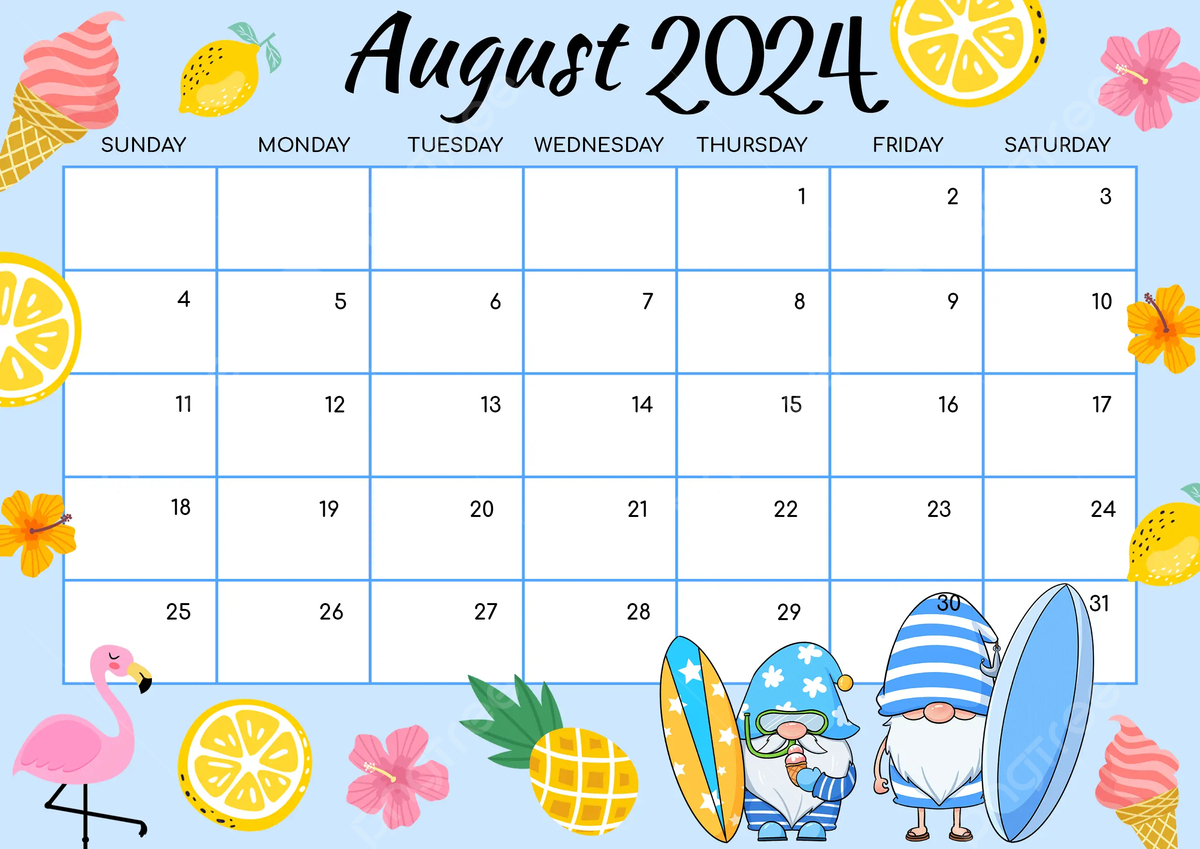 August 2024 Calendar With Flamingo In Multicolored Cartoon Style | August Calendar Clipart 2024