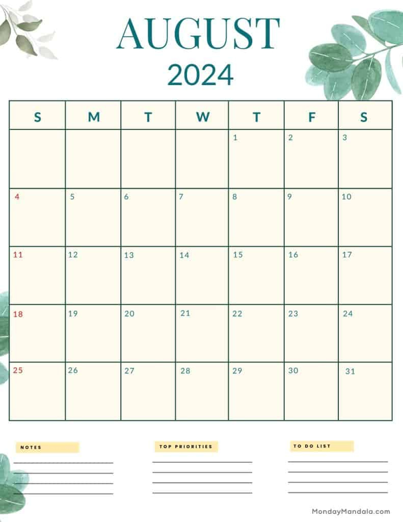 August 2024 Calendars (52 Free Pdf Printables) | August 2024 Calendar Printable Portrait