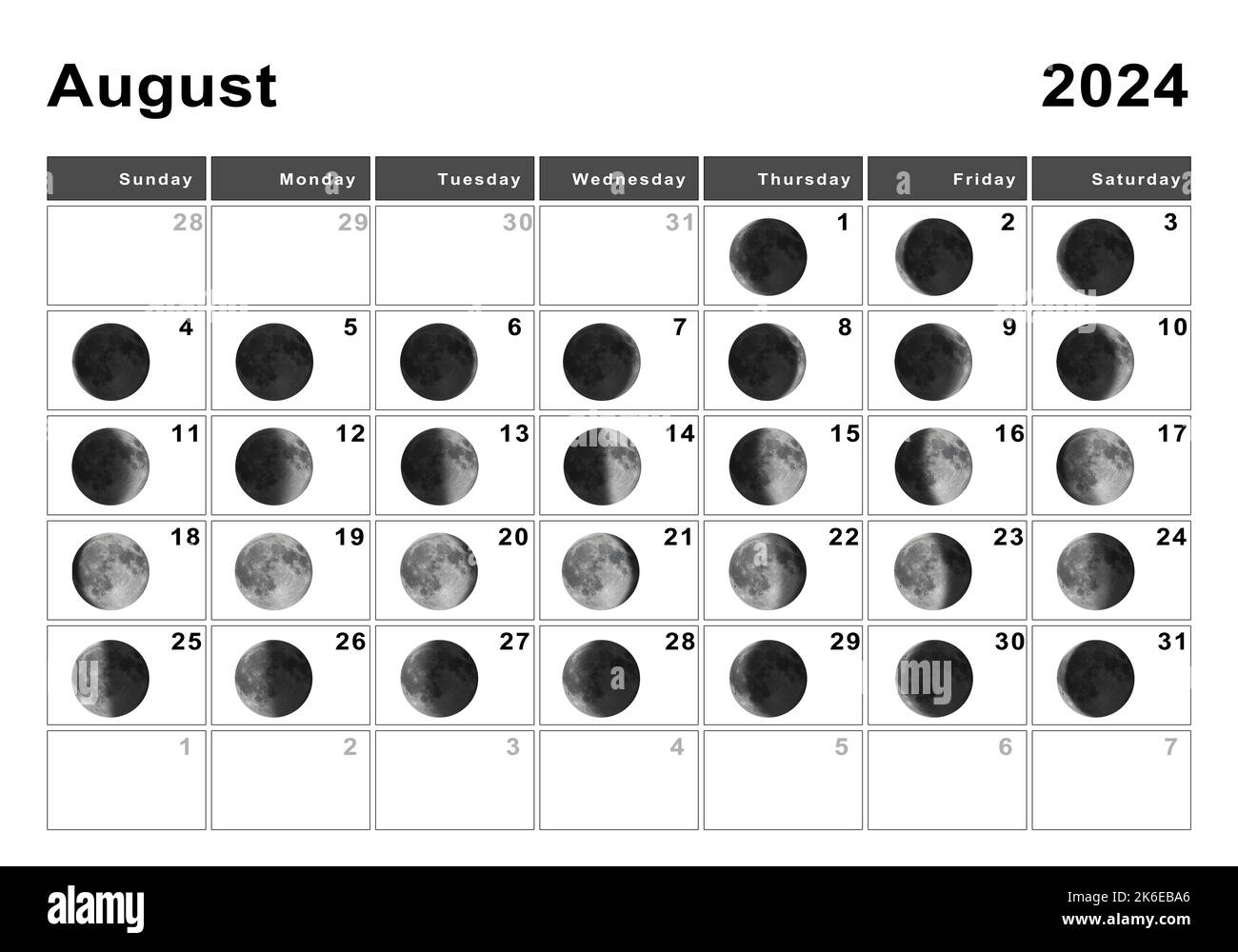 August 2024 Lunar Calendar, Moon Cycles, Moon Phases Stock Photo | August 2024 Moon Calendar