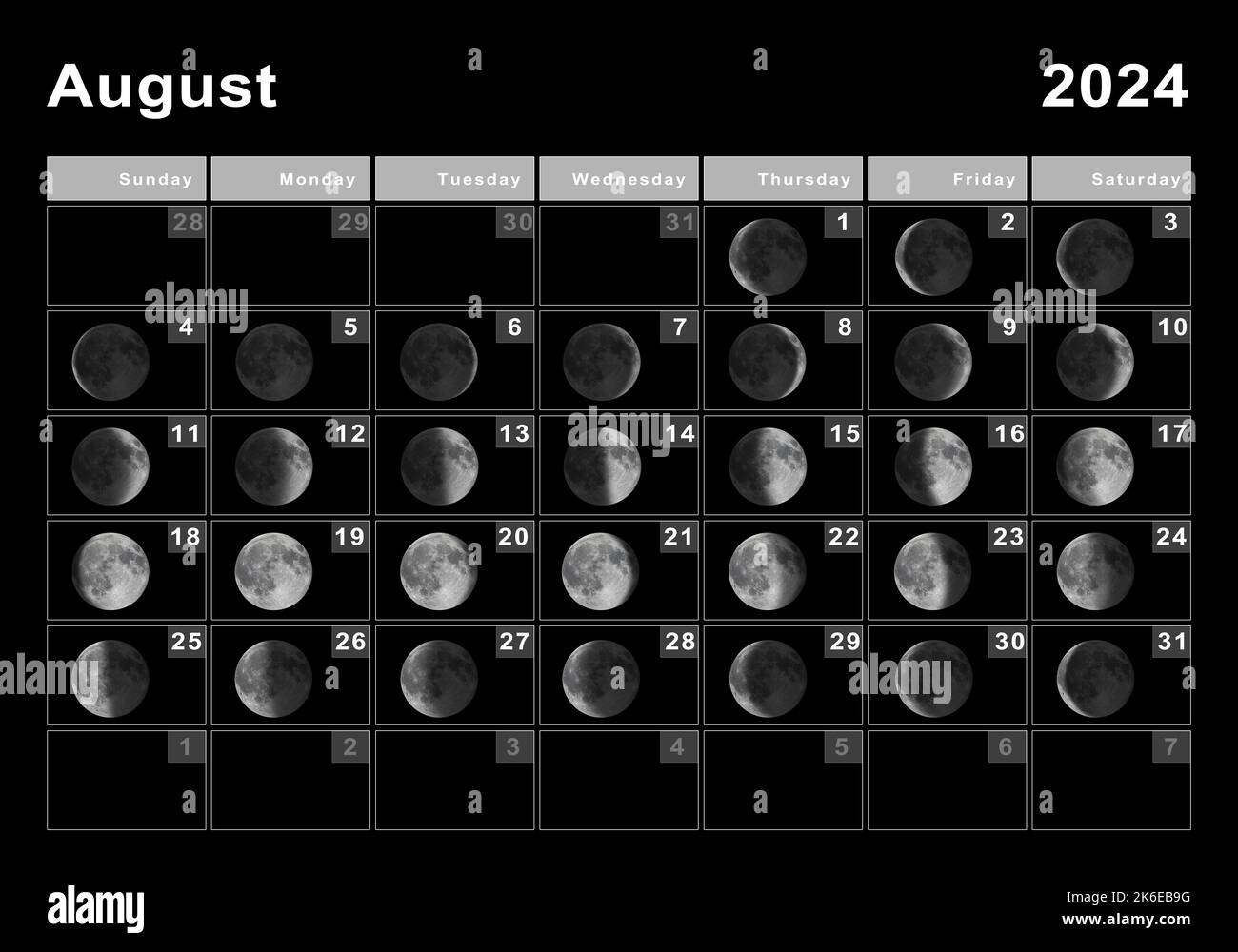 August 2024 Lunar Calendar, Moon Cycles, Moon Phases Stock Photo | August 2024 Moon Calendar