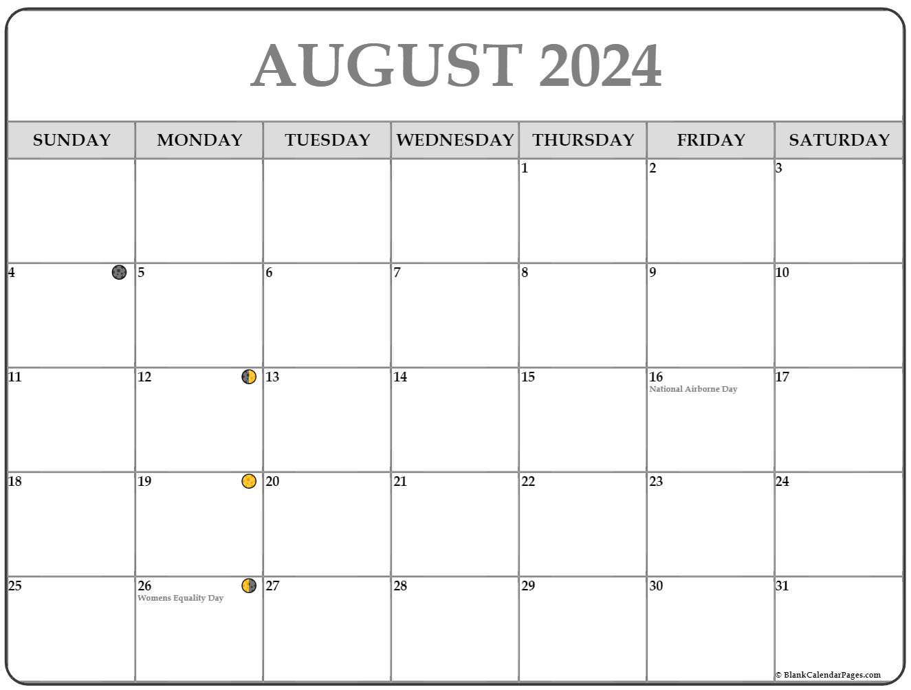 August 2024 Lunar Calendar | Moon Phase Calendar | August 2024 Moon Calendar