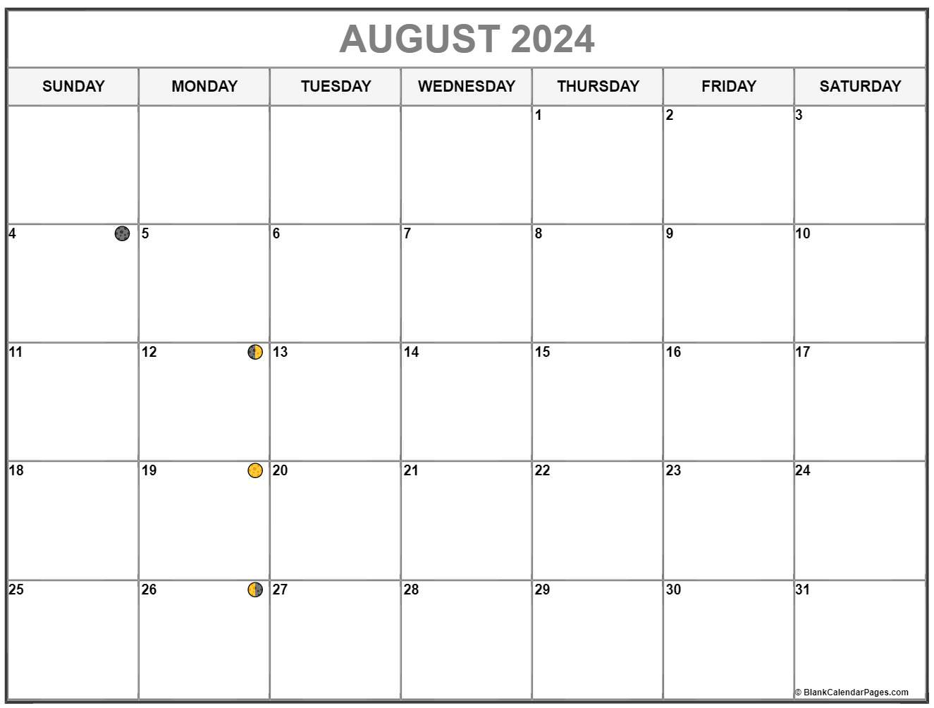 August 2024 Lunar Calendar | Moon Phase Calendar | Lunar Calendar August 2024