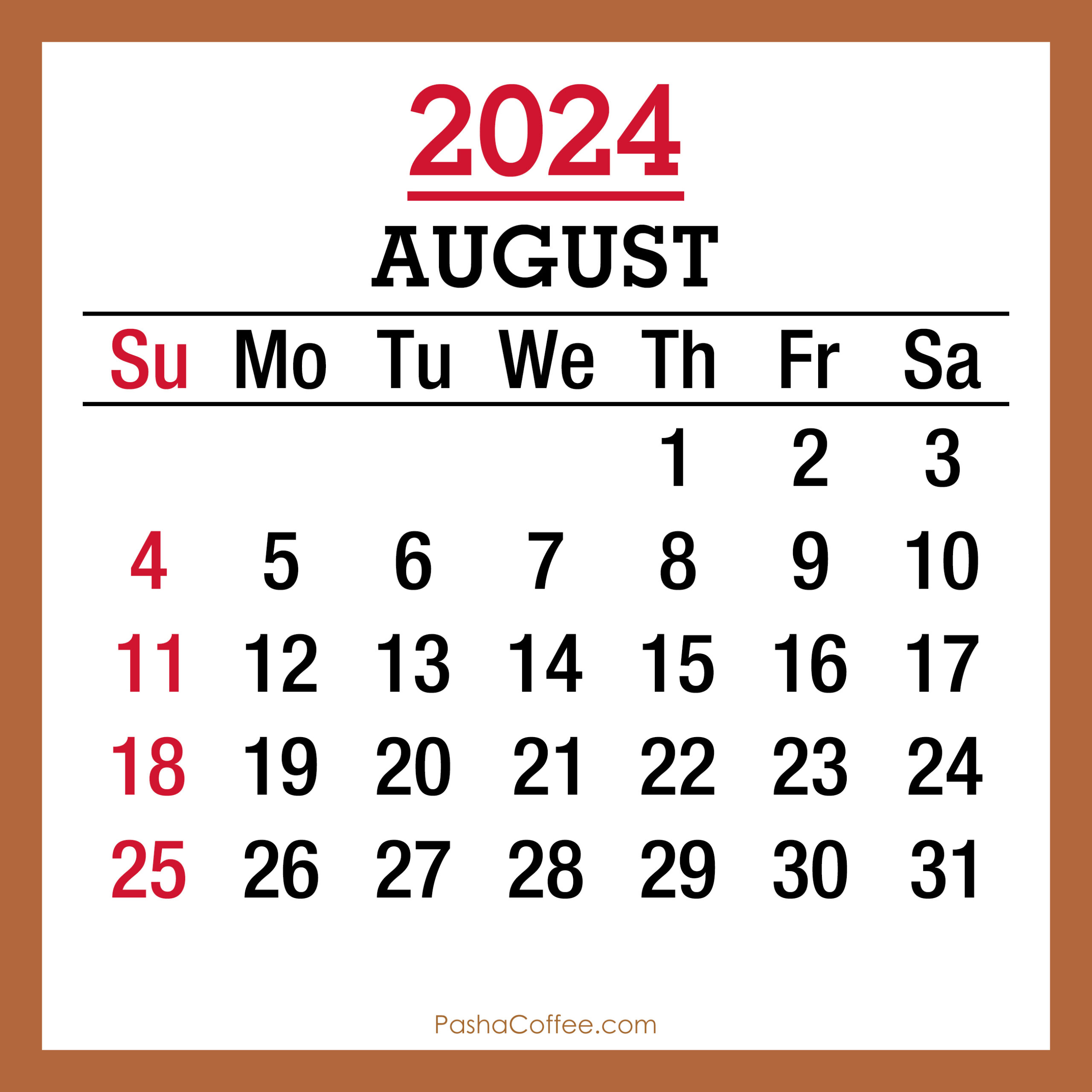 August 2024 Monthly Calendar With Holidays, Printable Free, Beige | August 24 Calendar 2024