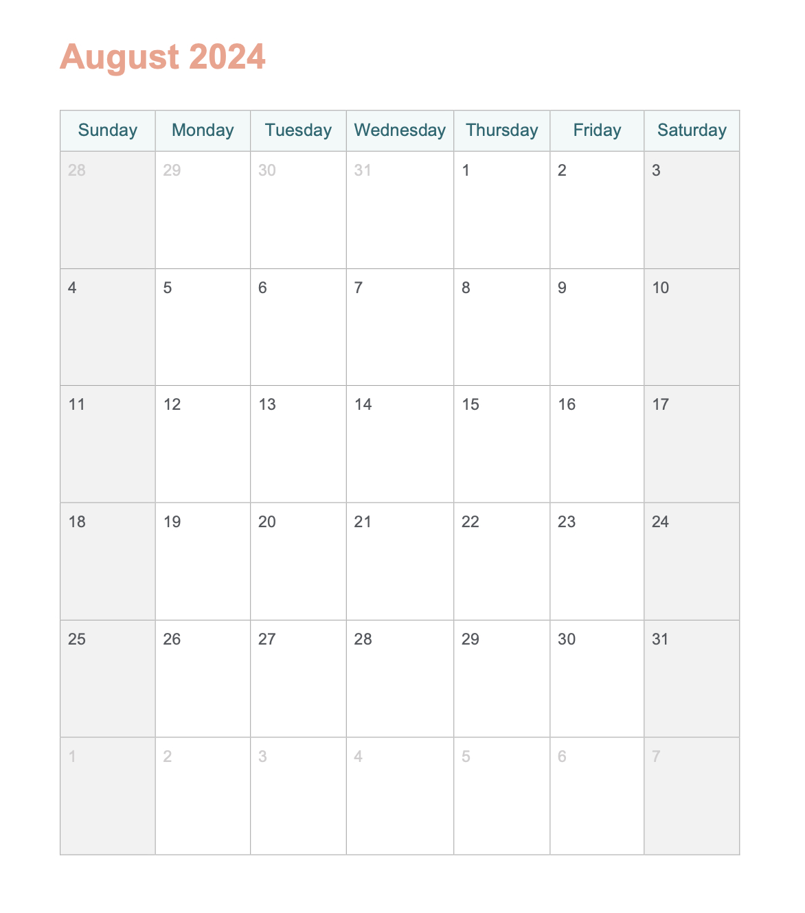 August 2024 Printable Calendar With Word - Agendrix | August 2024 Calendar Word