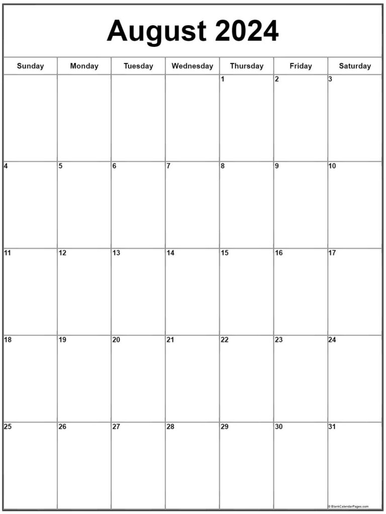 August 2024 Vertical Calendar | Portrait | August 2024 Calendar Printable Vertical